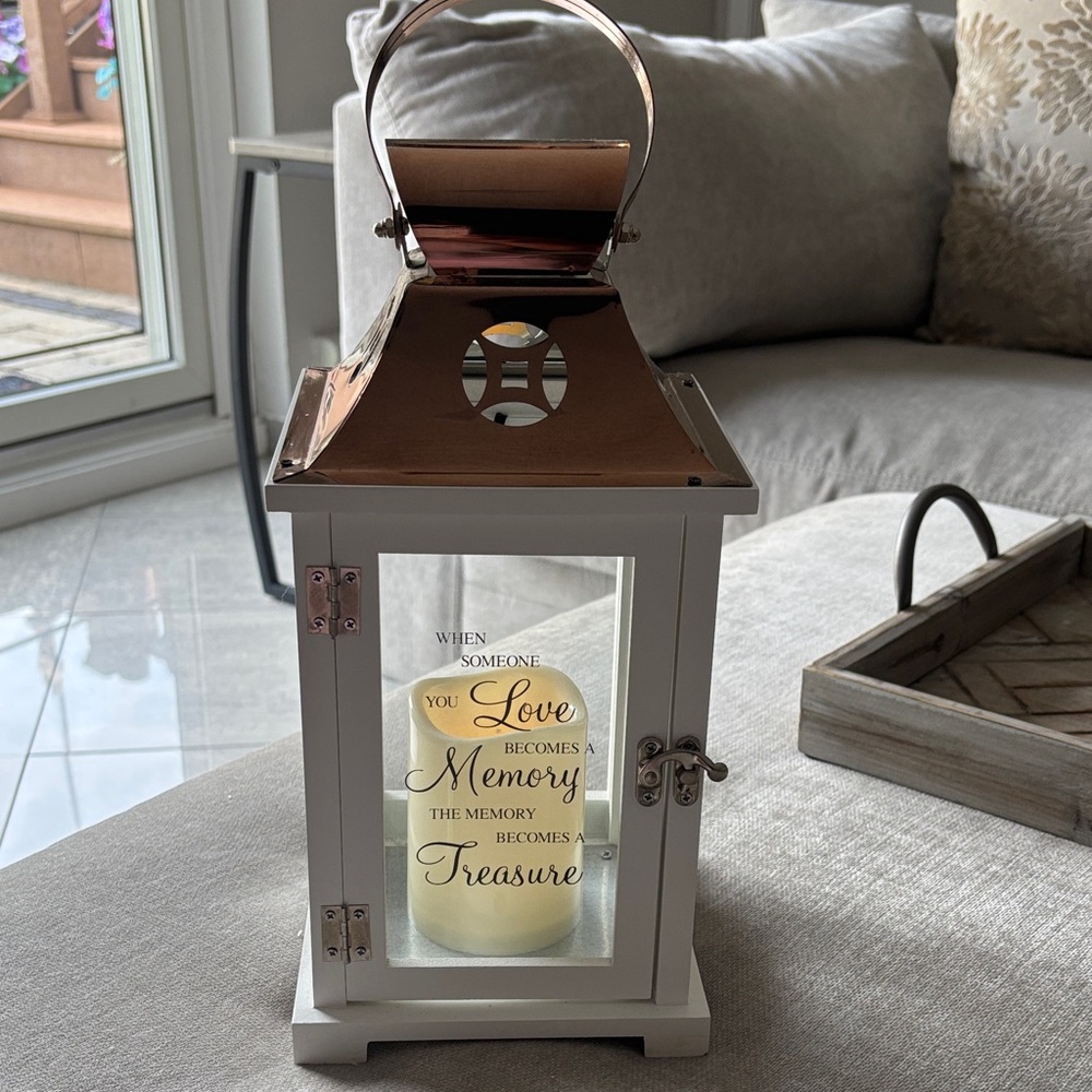 Sympathy Gift with beautiful message on it. White Lantern with Copper Top.
